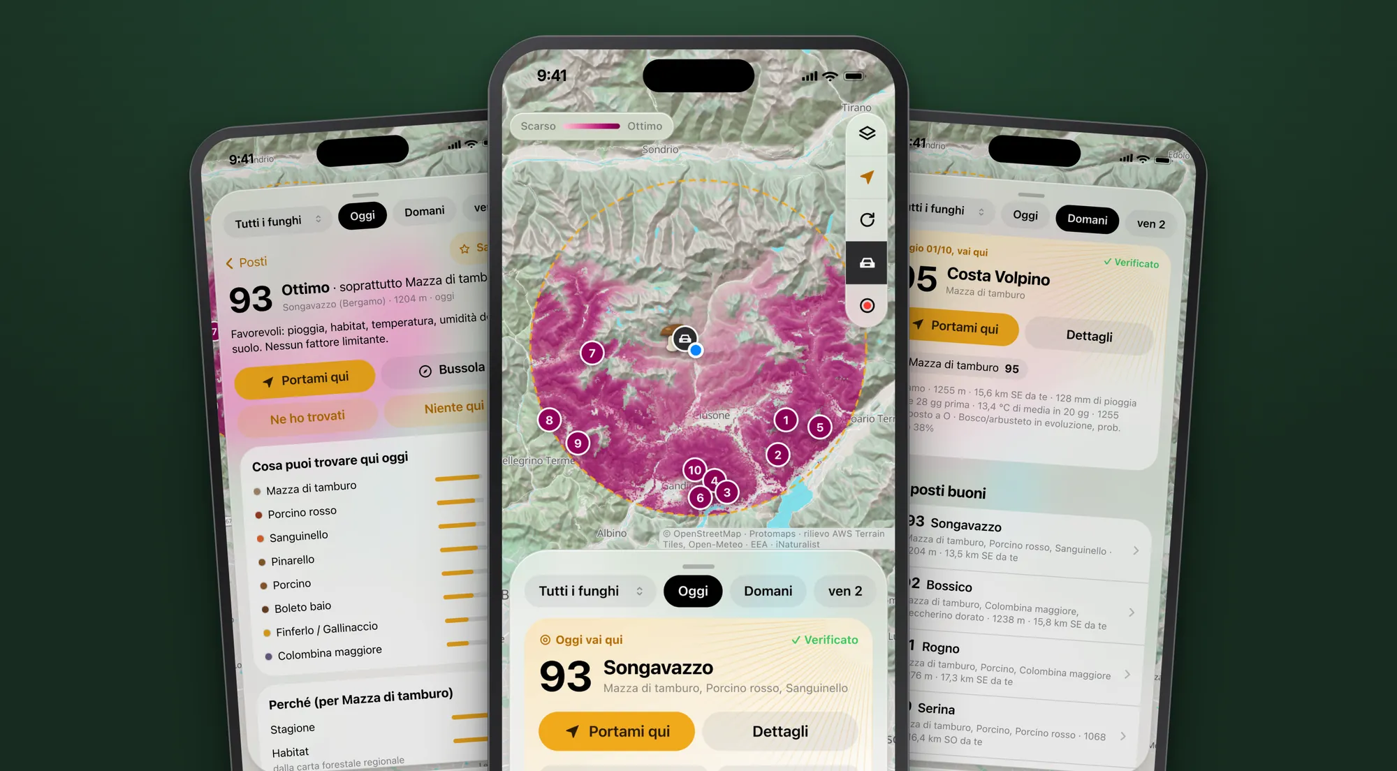 Three Catacapea screens: today’s best spot with a score of 93, the coloured map around you and the list of good spots